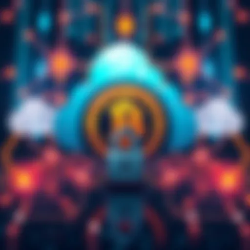 Illustration showing a Bitcoin symbol surrounded by cloud computing icons and a lock, representing the security concerns with AI and Bitcoin.
