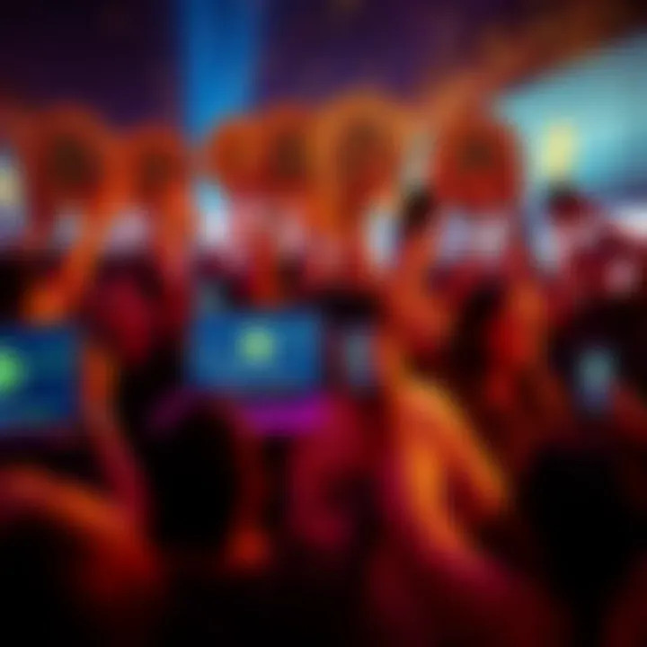 Excited people celebrating Bitcoin's all-time high with laptops and smartphones in hand