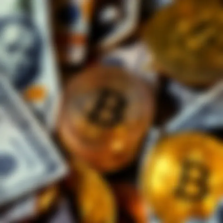 A close-up of Bitcoin coins surrounded by dollar bills, symbolizing the debate over holding or selling Bitcoin in the market.