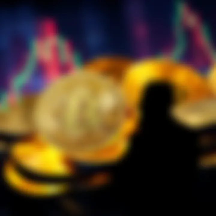 Bitcoin and Satoshi A visual representation of Bitcoin coins with a silhouette of a person symbolizing Satoshi Nakamoto, pondering the future of cryptocurrency.