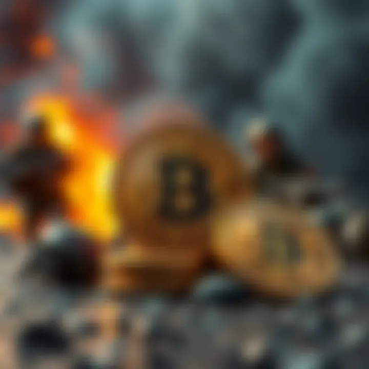 A digital representation of Bitcoin coins superimposed with military imagery, symbolizing the impact of global conflicts on cryptocurrency markets.