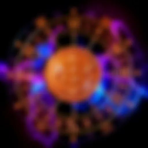 A graphic showing a Bitcoin symbol surrounded by astrological signs, representing the connection between cryptocurrency and astrology for modern men