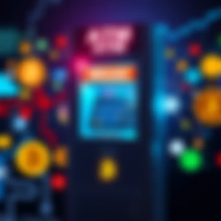 A Bitcoin ATM surrounded by graphics representing digital currencies, illustrating the growth of cryptocurrency access amid rising scams.