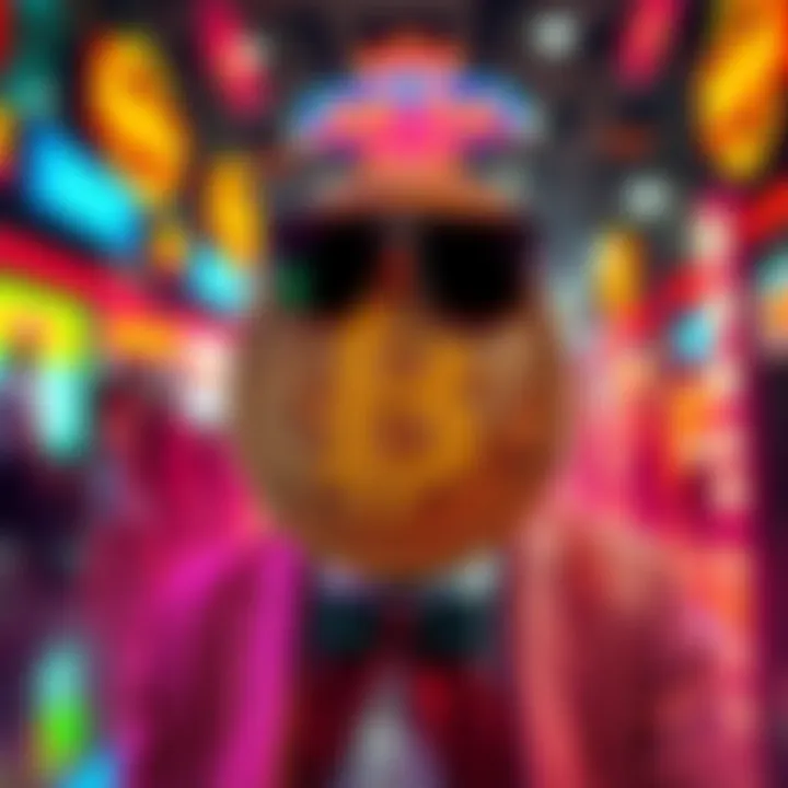 A stylized Bitcoin symbol dressed in retro clothes and sunglasses, reflecting a quirky personality in a colorful setting.