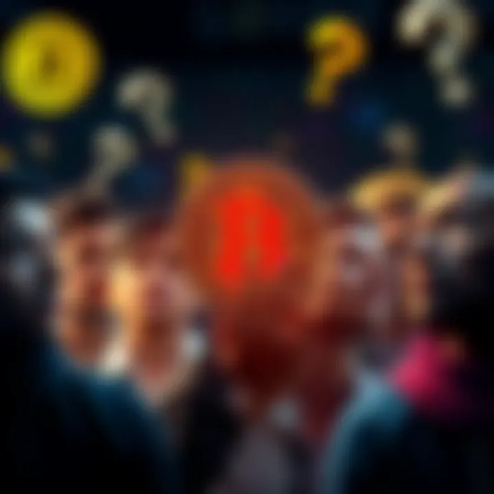 A group of people looking at a Bitcoin symbol, showing varying levels of understanding with confused expressions and questions in the air