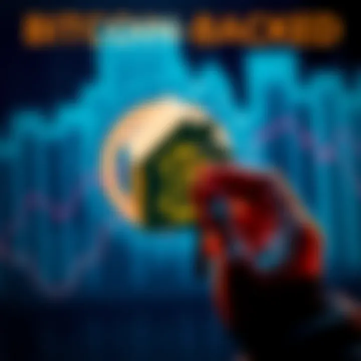 Bitcoin-Backed Mortgage Concept A person holding a house key with a bitcoin logo in the background, illustrating the new mortgage trend.