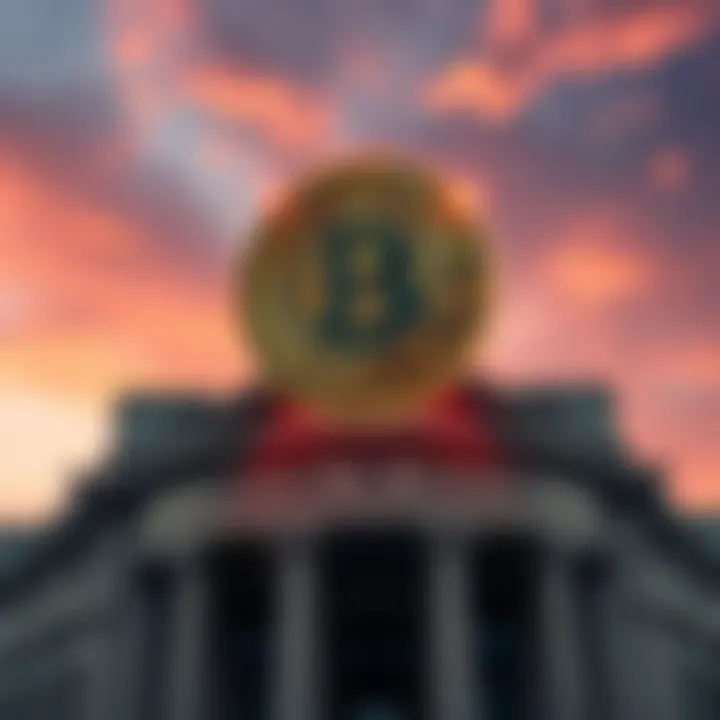A Bitcoin symbol floating above a traditional bank building, highlighting the intersection of cryptocurrency and finance.