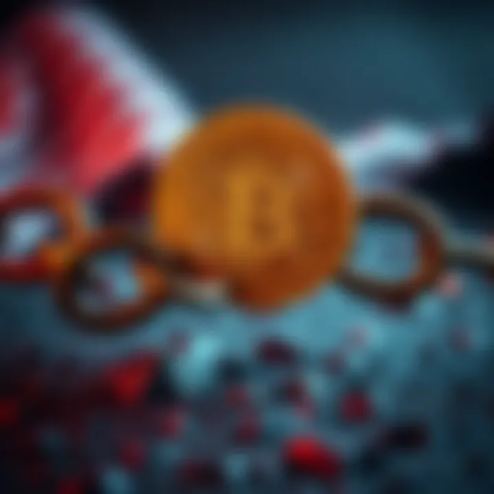 A graphic showing a Bitcoin symbol with a broken chain link, symbolizing financial struggles and the potential impact of a bankruptcy on cryptocurrency markets.