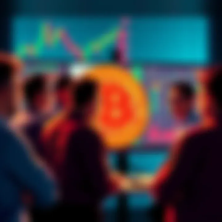 A group of people discussing Bitcoin market trends, with charts and data on a screen in the background.