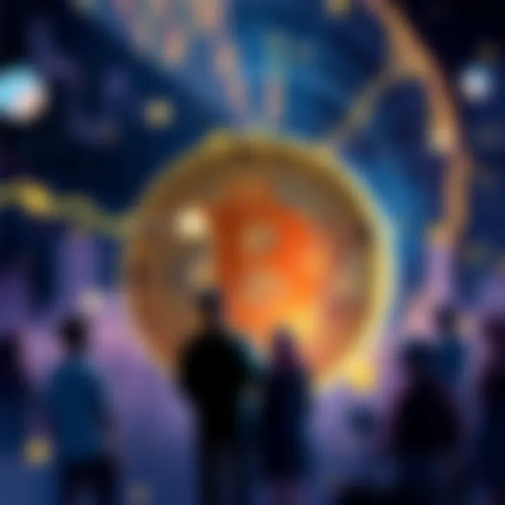 Illustration showing Bitcoin symbol with people discussing its impact and growth in crypto investments