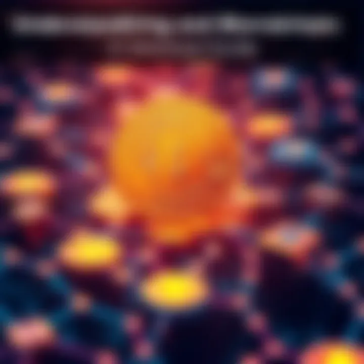 A visual representation of Bitcoin and blockchain technology, showing digital coins and interconnected blocks in a network