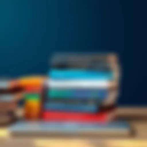 A stack of books about Bitcoin and cryptocurrency for beginners, featuring colorful covers and an open laptop.
