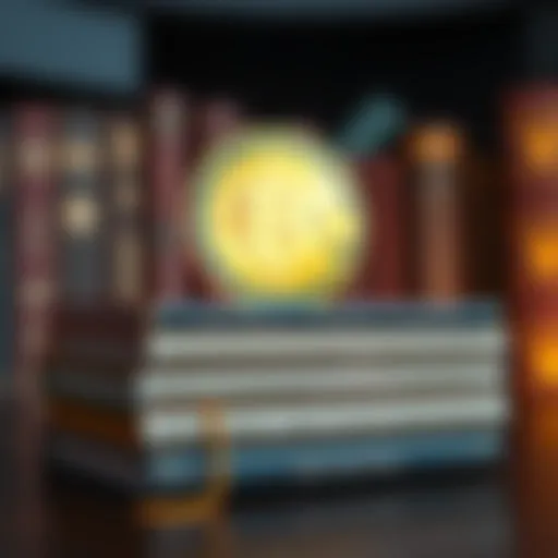 Books about Bitcoin A stack of books about Bitcoin with a digital coin in the background