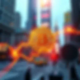 Graphic showing Bitcoin price surge with Wall Street skyline in the background