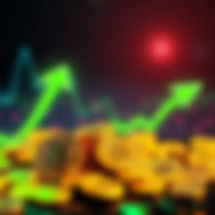 A digital representation of Bitcoin's upward trend with green arrows and coins symbolizing investment growth.