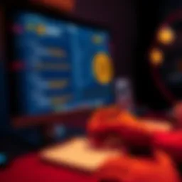 A person looking at cryptocurrency options on a computer screen with a notepad and pen for notes