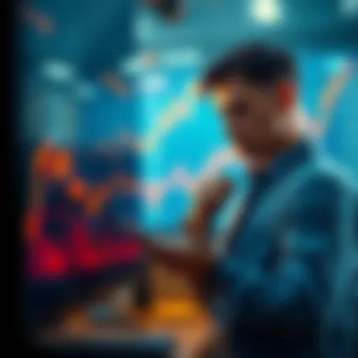 A man looking at a chart showing Bitcoin prices with a thoughtful expression, symbolizing regret over an early sale of Bitcoin