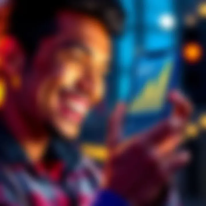 Person smiling while looking at a smartphone displaying a rising bitcoin graph