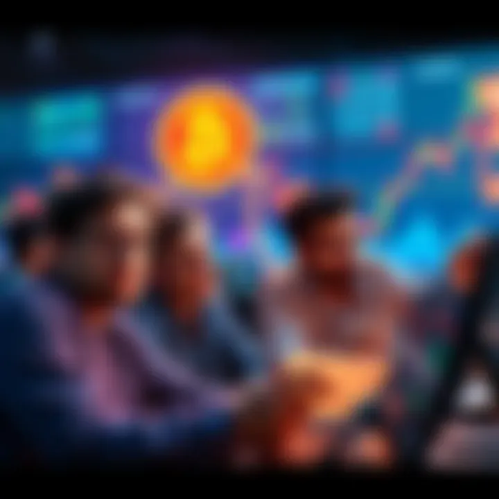 A group of people analyzing Bitcoin charts and discussing investment strategies during a market dip