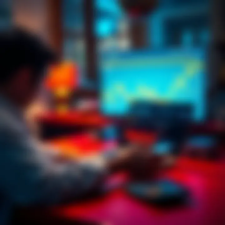 Person looking at a graph showing Bitcoin price dip with a laptop and calculator on the table