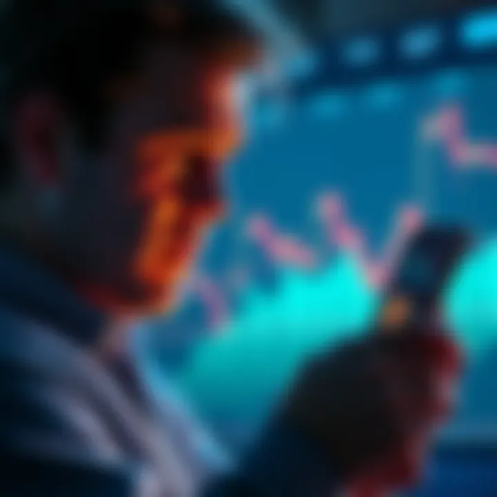 A person looking worried while checking Bitcoin prices on their phone, with a chart showing a declining trend in the background.