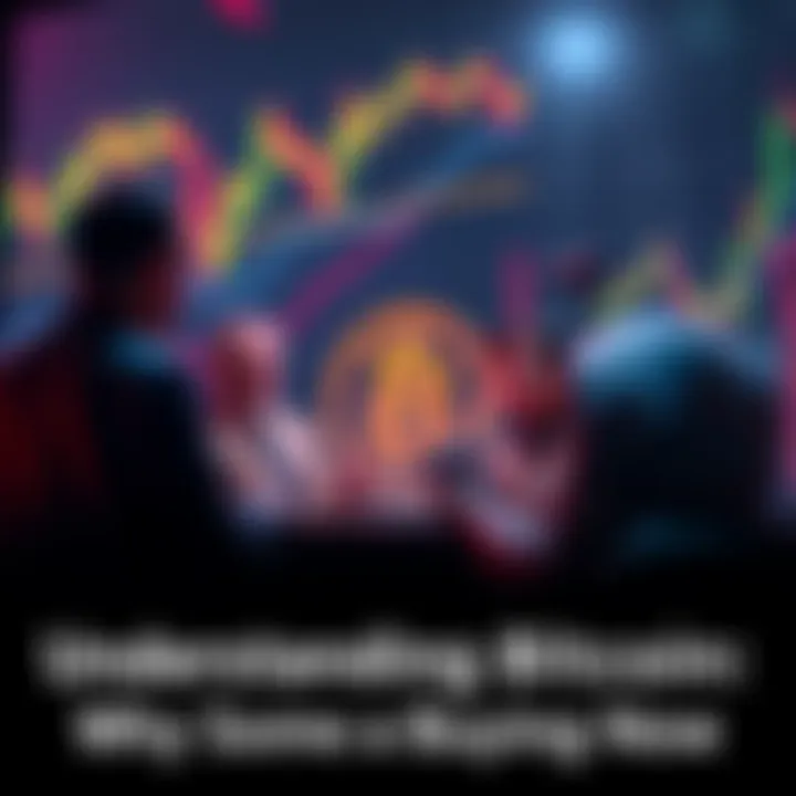 People discussing Bitcoin investment and market trends with charts and graphs in the background