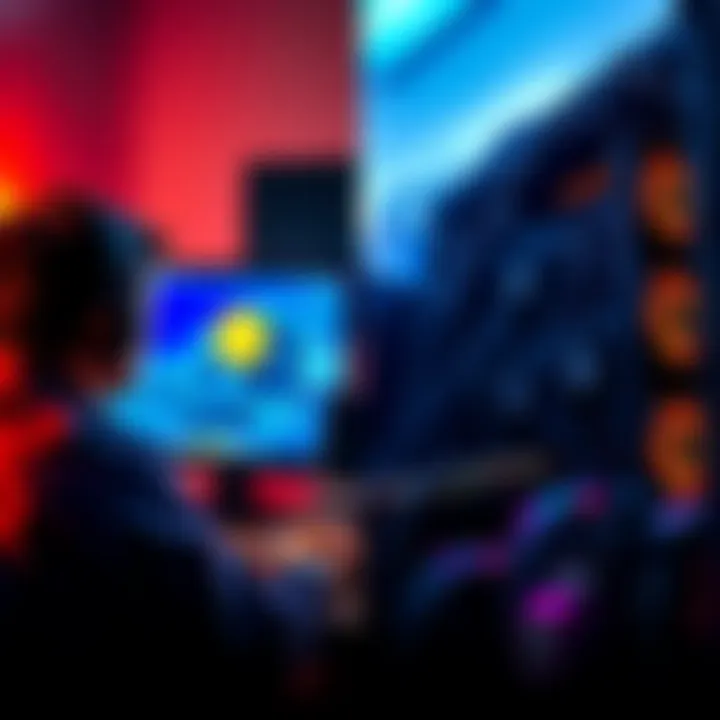 A split image showing a person buying Bitcoin on a computer screen and another person working on a Bitcoin mining rig with multiple graphics cards.