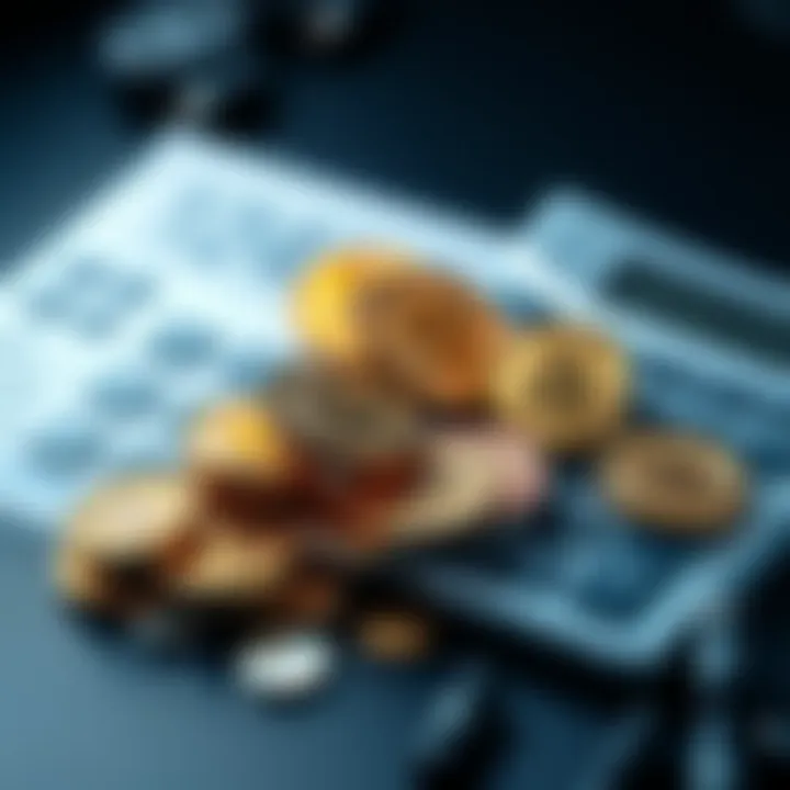 A pile of Bitcoin coins next to a calculator, symbolizing financial calculations related to selling Bitcoin.
