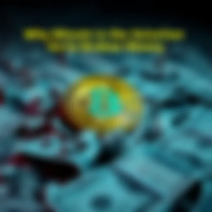 A Bitcoin symbol placed over piles of cash representing traditional money