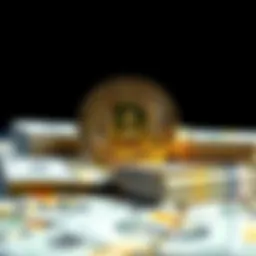 Bitcoin Symbol with Cash A Bitcoin symbol next to stacks of cash representing the blend of cryptocurrency and traditional money.