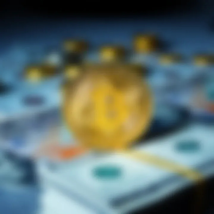 A visual comparison between Bitcoin and traditional cash, showcasing a Bitcoin symbol alongside dollar bills