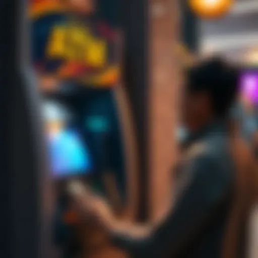 A person using a Bitcoin ATM to convert cryptocurrency into cash, looking frustrated at the machine that only sells Bitcoin.