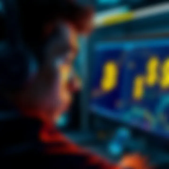 A person looking at a computer screen displaying Bitcoin and dollar signs, showing curiosity and concern