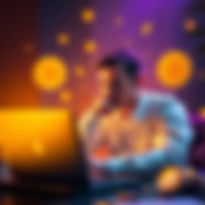 A person contemplating cashing out their Bitcoin investment with a laptop and Bitcoin symbols around