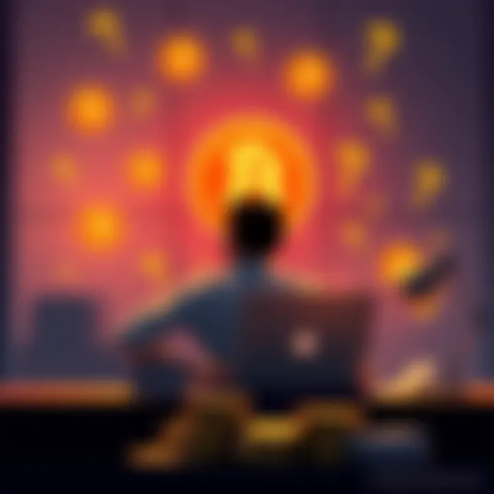 A person sitting at a desk with a laptop, contemplating whether to cash out $10,000 in Bitcoin or hold it, surrounded by Bitcoin symbols and question marks.