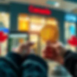 A person using a mobile app to convert Bitcoin to cash for deposit in a bank account, with a background showing a Canadian bank branch