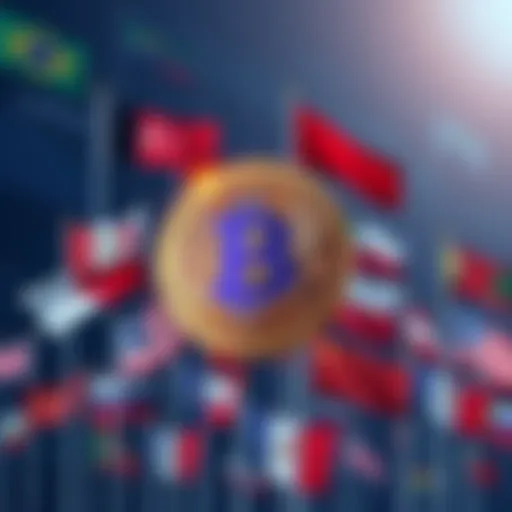Illustration of Bitcoin symbol surrounded by corporate logos and national flags, indicating centralization