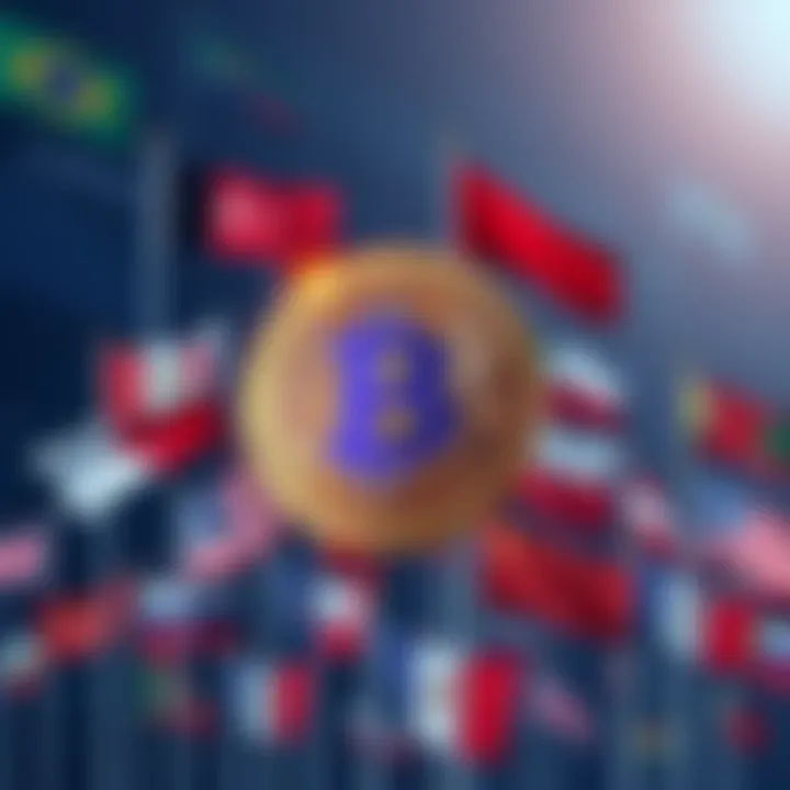 Illustration of Bitcoin symbol surrounded by corporate logos and national flags, indicating centralization