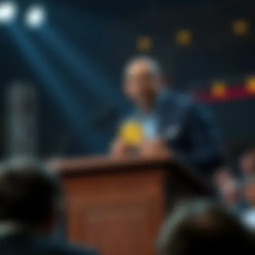 The first CEO of Bitcoin addressing the audience about high prices and accessibility