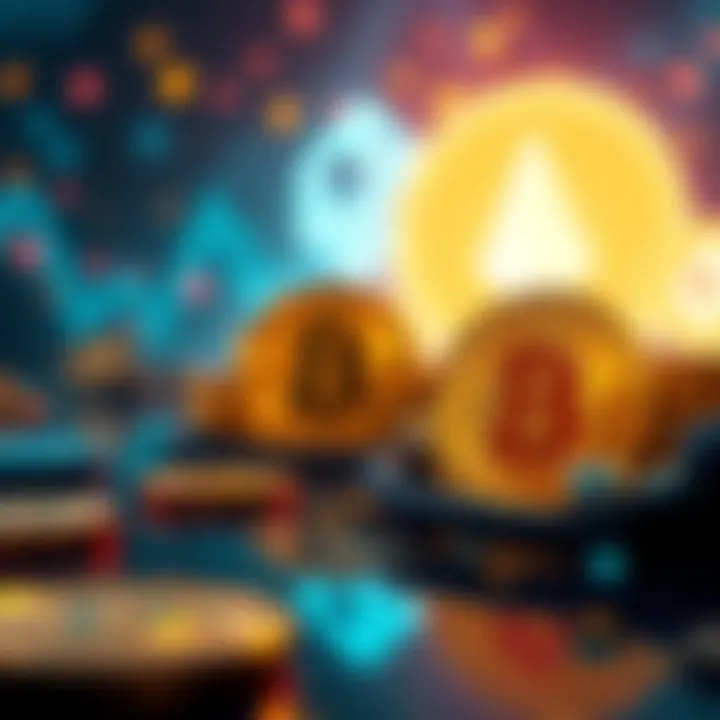 A visual representation of Bitcoin charms enhancing UTXO chains, with symbols of cryptocurrency and Cardano's logo in the background.