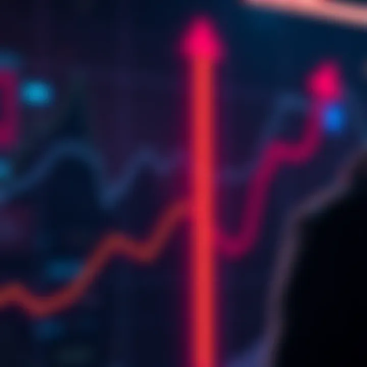 An upward and downward trend chart illustrating Bitcoin's market fluctuations, with arrows showing movement directions and a person contemplating in the background.