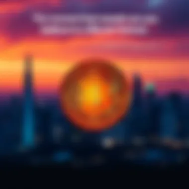 A glowing Bitcoin symbol in front of an urban skyline at sunset, representing hope and innovation in cryptocurrency.