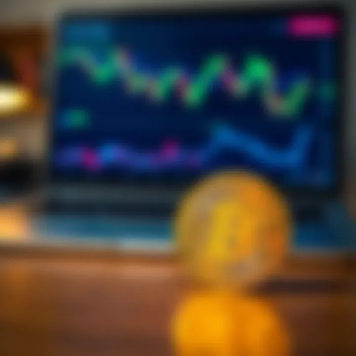 A shiny Bitcoin coin placed on a wooden table with a blurred background of a laptop and financial charts