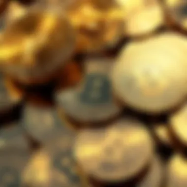 A pile of shiny gold Bitcoin coins representing cryptocurrency ownership and investment.