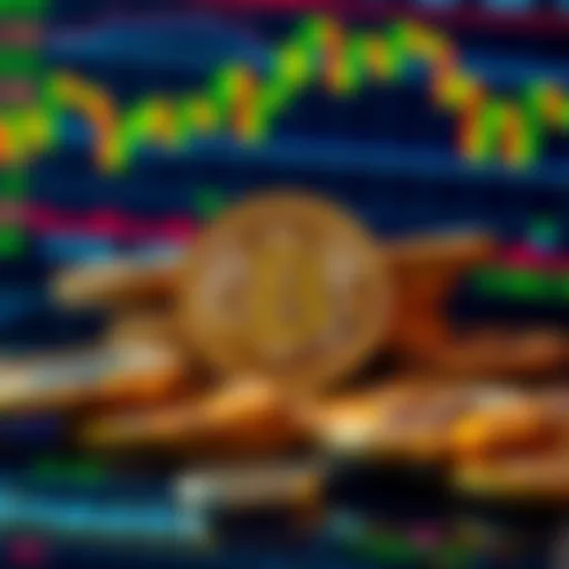 A collection of Bitcoin coins on a digital screen displaying cryptocurrency data
