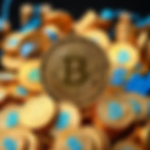 A pile of Bitcoin coins surrounded by financial symbols like dollar signs and graphs, representing accessibility to finance for everyone.