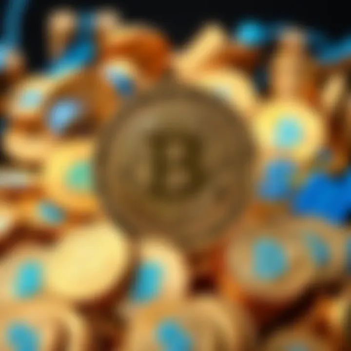 A pile of Bitcoin coins surrounded by financial symbols like dollar signs and graphs, representing accessibility to finance for everyone.