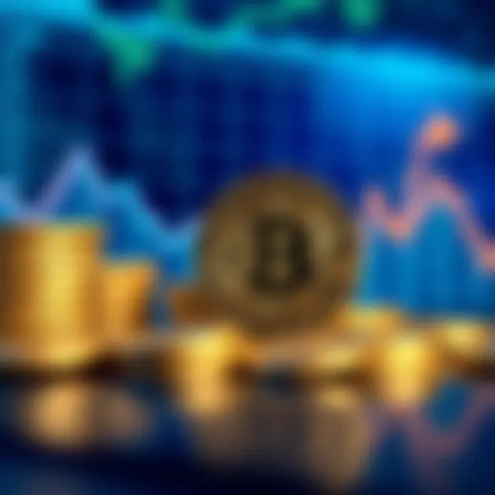 A pile of Bitcoin coins next to upward trending graphs representing Bitcoin's market performance