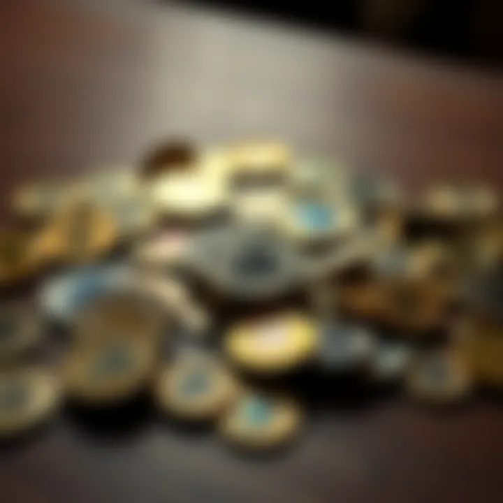 A collection of Bitcoin coins scattered on a wooden table, representing the debate over Bitcoin's value and existence