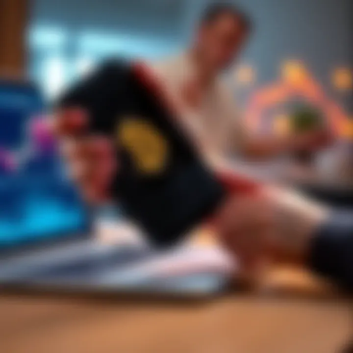 Bitcoin cold wallet A person holding a hardware wallet with Bitcoin logo, sitting at a desk with cryptocurrency charts on a laptop